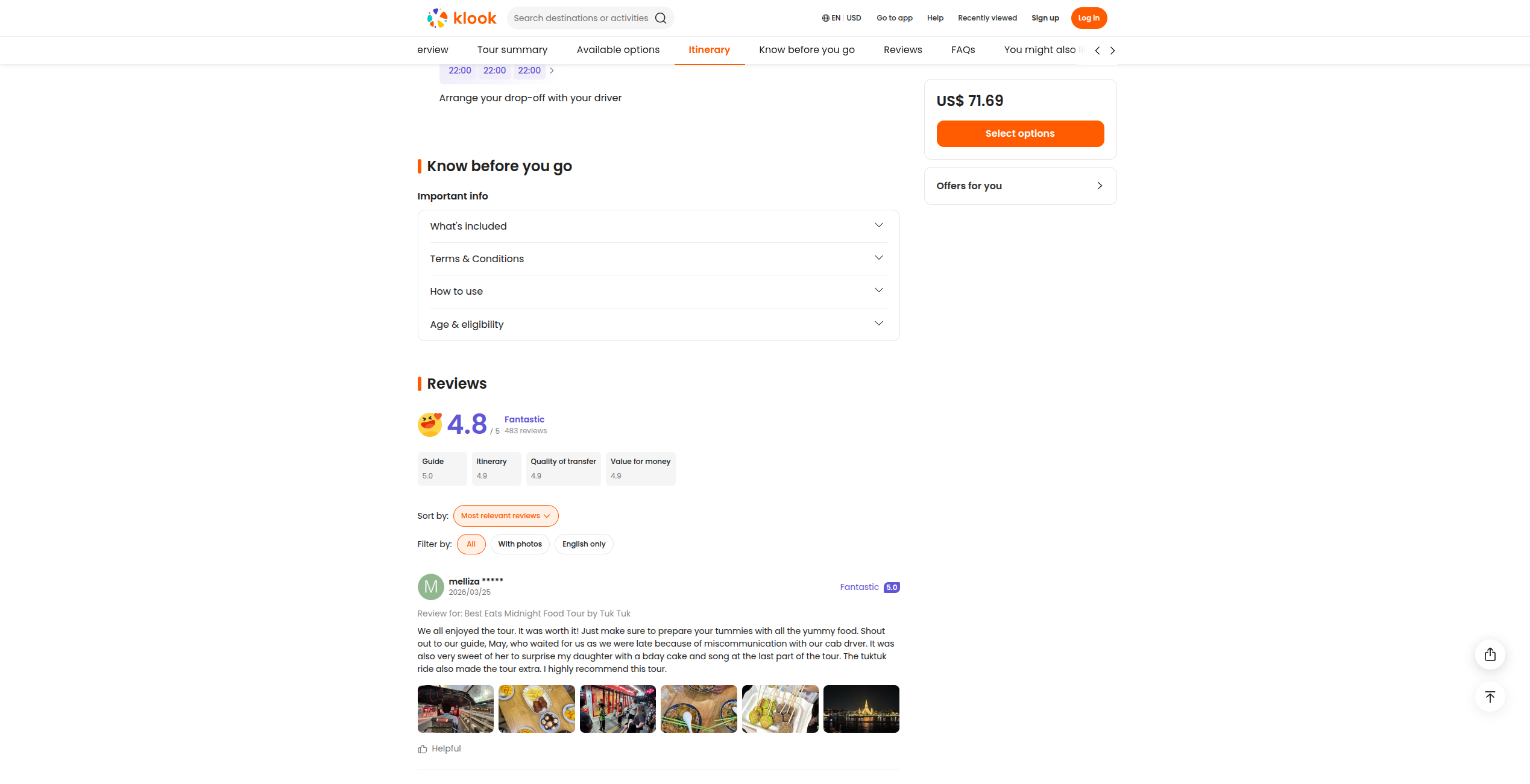 Tour reviews on Klook — 4.8 rating, Guide 5.0, Itinerary 4.9, Value for money 4.9